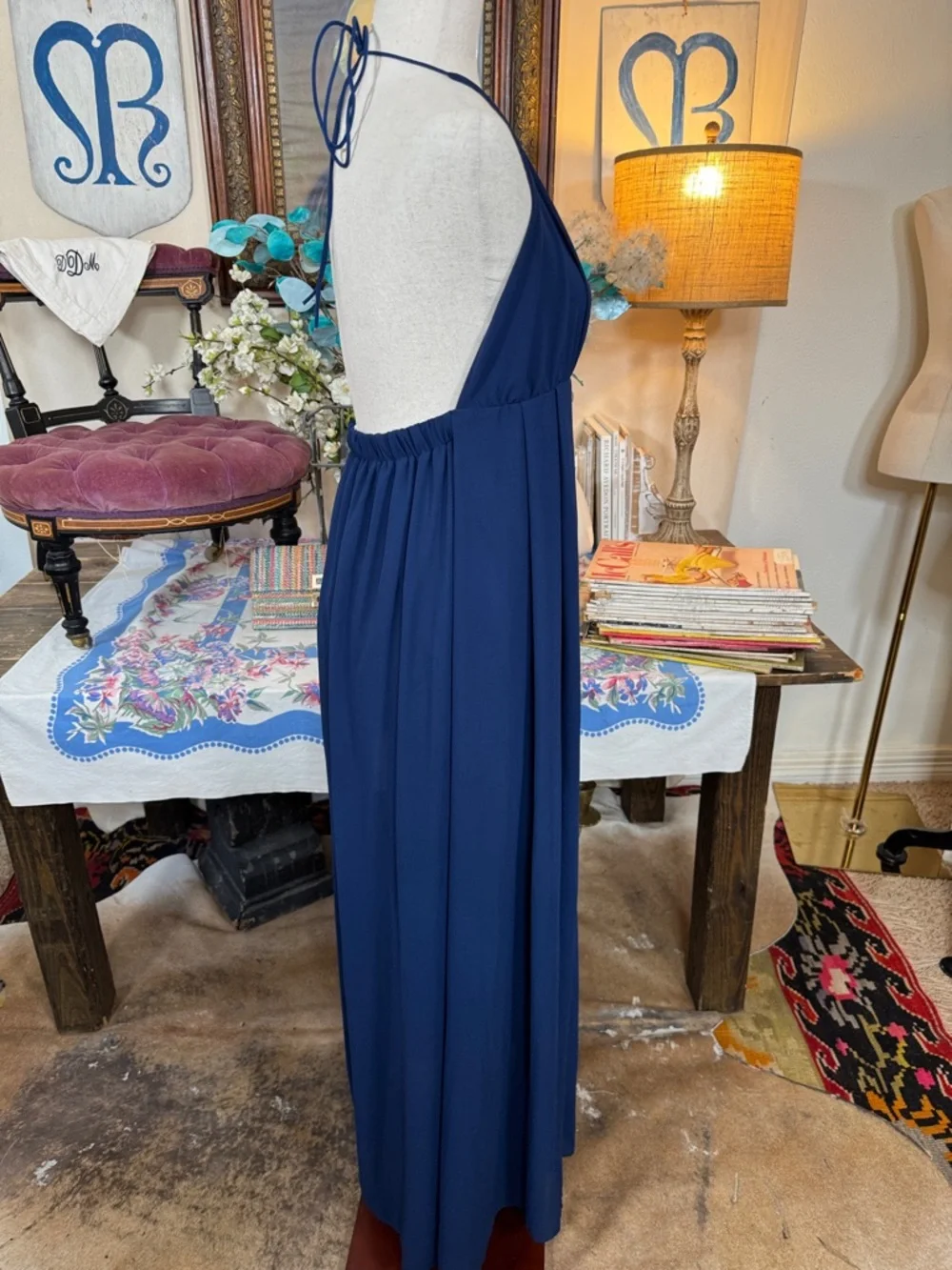 Deep Blue Halter Maxi Dress - Classic Evening Style - Picture 6 of 7